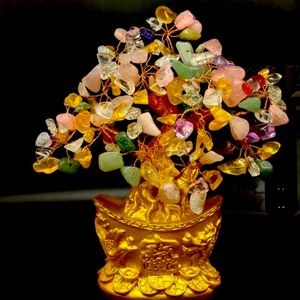 Beautiful multi genuine gemstone lucky golden tree 18-20 cm r 7 -8 inches In box